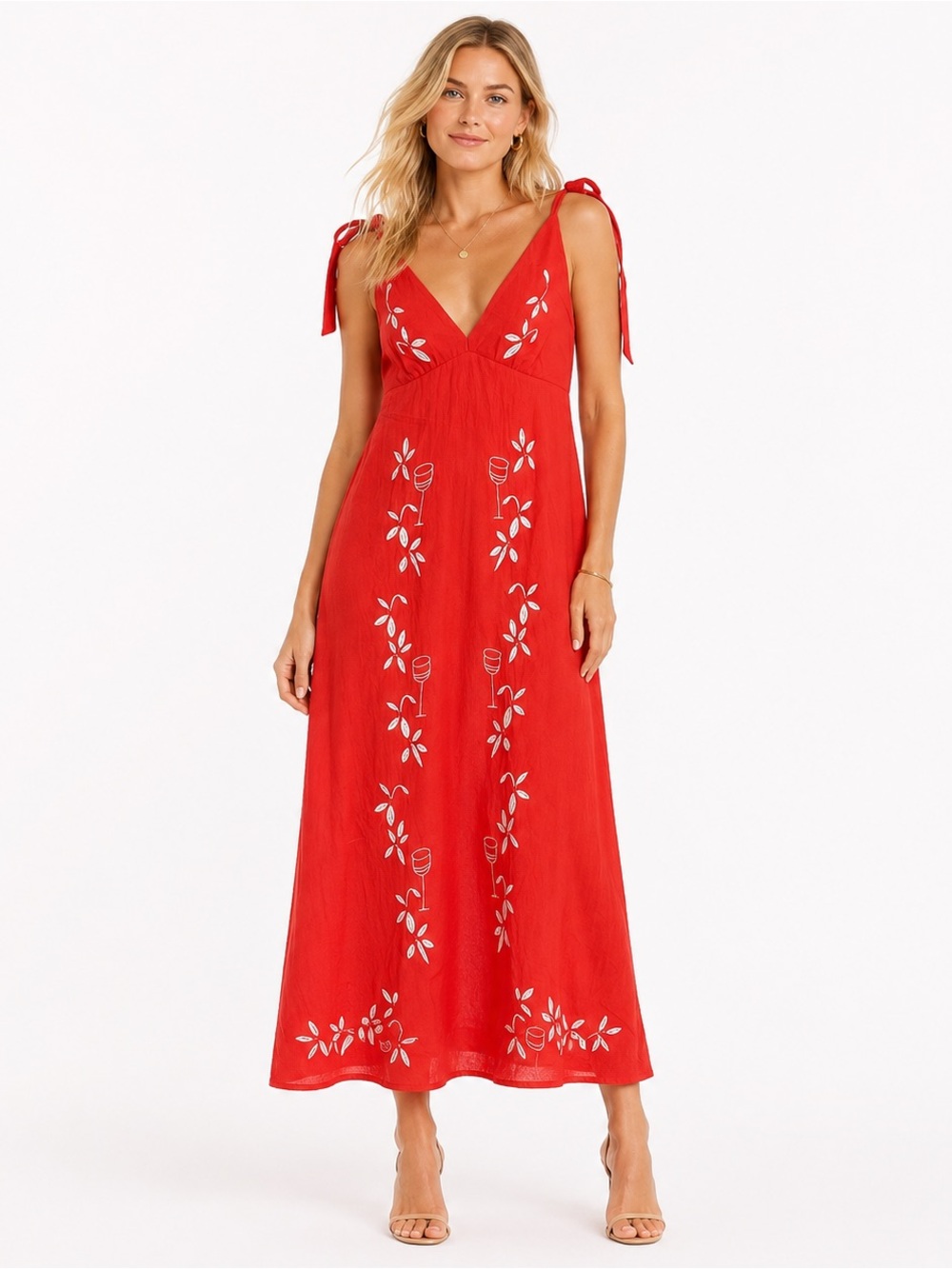 Red Embroidered Tie-Shoulder Midi Dress
